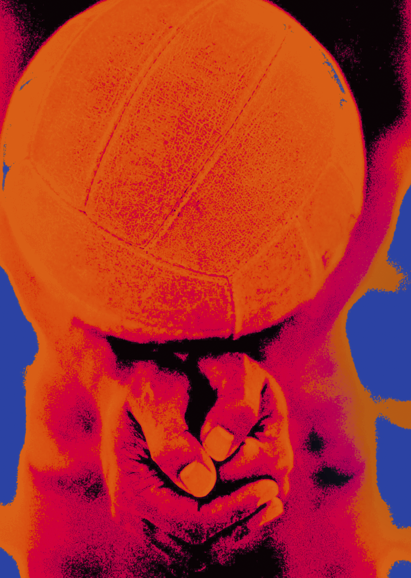 Ball fest in einer Hand gehalten, Duotone-Stil in Orange und Magenta, Sinnbild für SKOLL-SPEZIAL